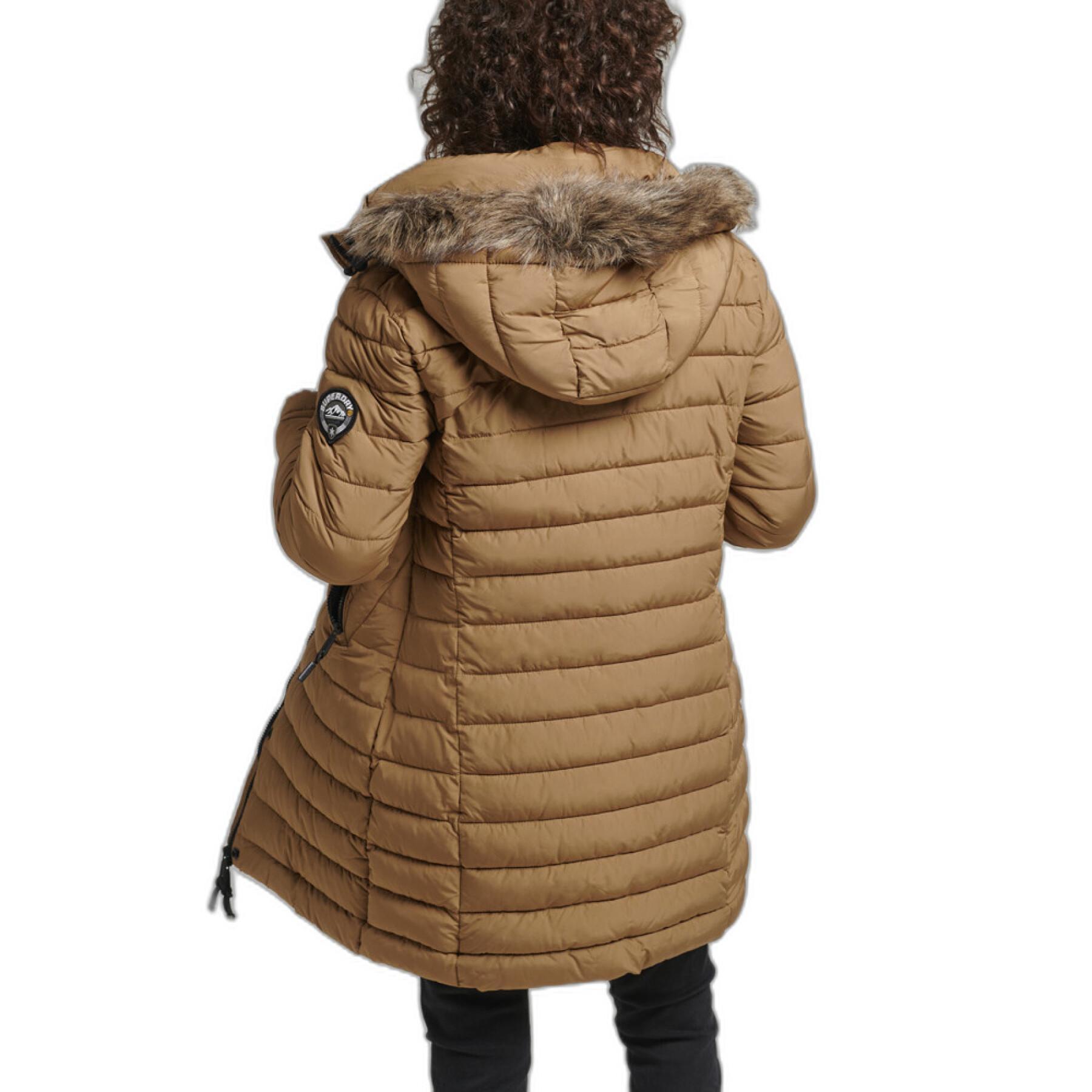 Mid-length hooded down jacket with fake fur for women Superdry